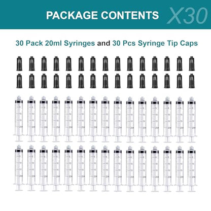 20ml Luer Lock Syringe with Cap, Sterile 5cc Syringes Without Needle, 30Pcs | 30Pack, Individually wrapped 20 ml / cc plastic syringes. Luer lock tip caps prevent liquid leaks. Accurate scale. No needles