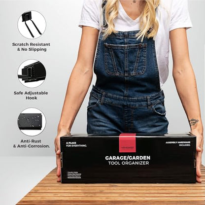 TIDYME Garage Tool Organizer Wall Mount - 48 inches - Sturdy Storage Rack with Adjustable Hooks, Anti-Rust - Easy Installation, 300lbs Capacity - Garden Tool Organizer (03 Racks & 06 Hooks) | 300 lbs, anti-rust carbon steel, garden tool organizer & storag