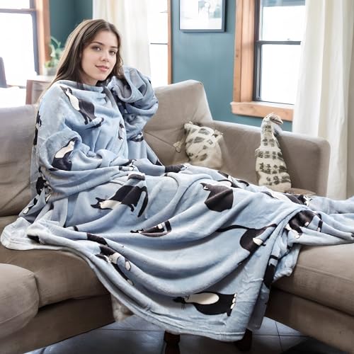 Catalonia Wearable Blanket with Sleeves & Foot Pocket for Adults - color: Wondercat Grey, size: Fleece