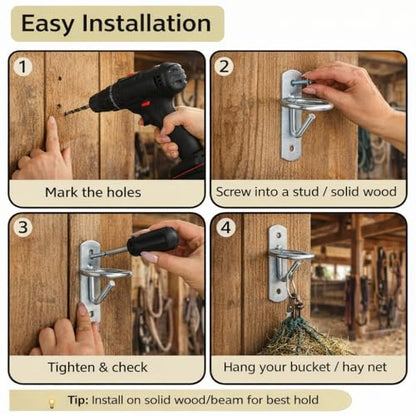 Horse Stall Bucket Hooks, Heavy Duty Metal Ring Bucket Hangers with J-Hook, Wall Mounted Water Feed Bucket Holder for Barn, Stable & Fence, Includes Screws, 4-Pack