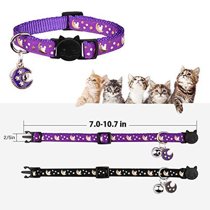 Baeuppit 2Pcs Breakaway Cats Collars Cat Collars for Boy Cats Kitten Collars with Bell & Pendant Glow in The Dark,Black+Purple - color: Black+Purple, size: 7.0-10.7''