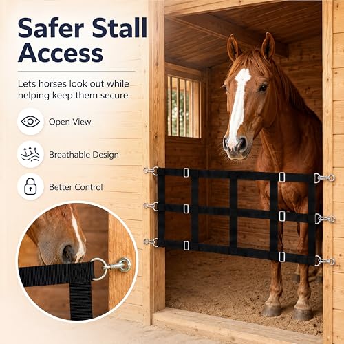 Zonon 4 Pack 48" x 20" Horse Stall Guard Gate for Horses, Heavy Duty Polyester Stall Door Guard with Adjustable Straps, Hooks and Screws, Black Stable Gate Barrier for Barns, Stables, Breeding Farms
