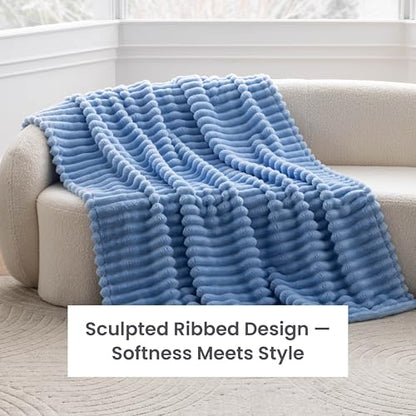 Berkshire Ribbed VelvetLoft® Throw – 330gsm Medium Weight Plush, Extra Soft & Warm Plush Throw Blanket for Bedroom, Couch, Travel – Durable & Easy Care(Blue Moment, Throw Size 50" x 60") - color: Blue Moment, size: Throw (50 in x 60 in)