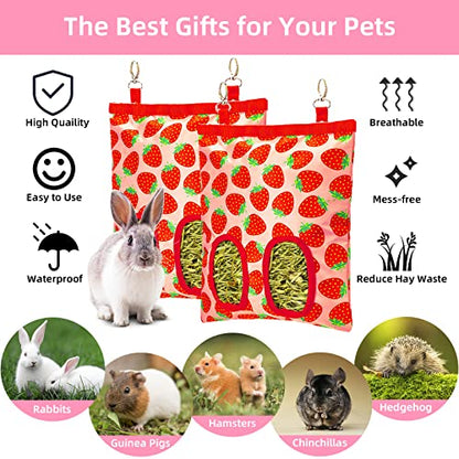 2Packs Large Rabbit Hay Feeder Bag, Upgraded Guinea Pig Hay Feeder with 3 Hooks, Chew Proof Washable Hay Bag for Rabbits Bunny Chinchilla Hamster, Mess Free Grass Holder 2 Holes, 9.8x11.4 Inch - color: Strawberry+Strawberry