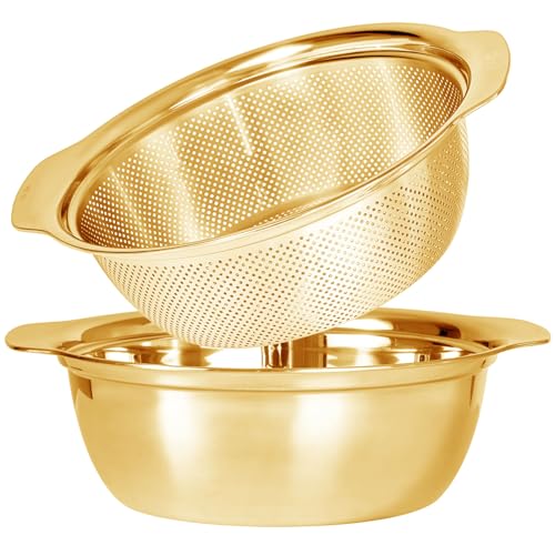 Paoli 304 Stainless Steel Fine Mesh Colander Set, 4QT Large Capacity Strainer with Mixing Bowl — Rinse Fruits, Veggies, Rice & Drain Pasta, Dishwasher Safe (2-Piece Gold) - color: Gold with handle, size: 4qt