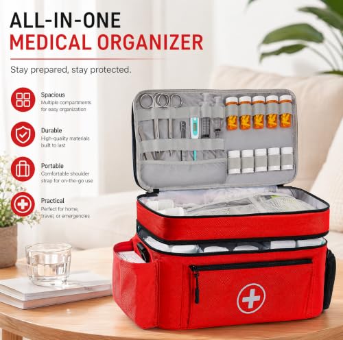Medicine Organizer and Storage Bag Empty, Family First Aid Box, Pill Bottle Organizer Bag for Emergency Medication, Supplements or Medical Kits, Zippered Medicine Bag for Home and Travel (Red)