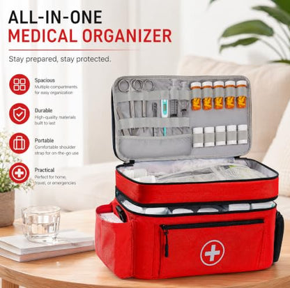 Medicine Organizer and Storage Bag Empty, Family First Aid Box, Pill Bottle Organizer Bag for Emergency Medication, Supplements or Medical Kits, Zippered Medicine Bag for Home and Travel (Red)