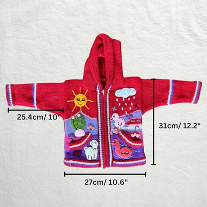 Peruvian Wool Knitted Sweater with hoodie for babies & toddlers, Unisex, Chompas Peruanas, fall winter sweater - color: Red, size: 6