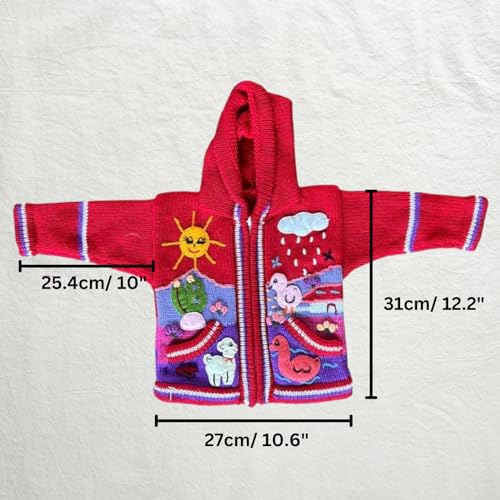 Peruvian Wool Knitted Sweater with hoodie for babies & toddlers, Unisex, Chompas Peruanas, fall winter sweater - color: Red, size: 2