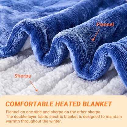 Heated Blanket Electric Throw, 50"x60" Soft Flannel Heating Blanket with 8 Hours Auto Off 10 Fast Heating Levels Machine Washable Sherpa Heated Throw Blanket with Overheating Protection - color: Blue, size: Throw(50" x 60")