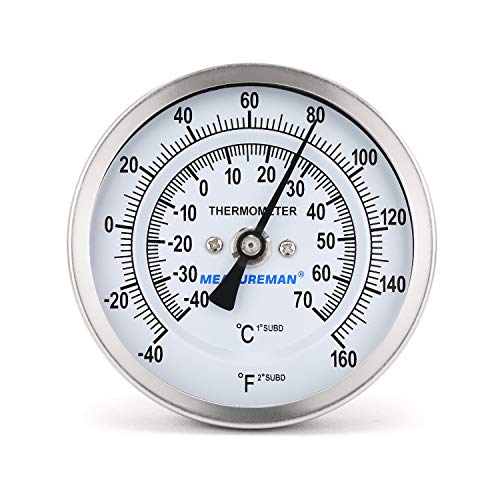 MEASUREMAN Fully Stainless Steel Pot, Kettle, Brewing Bimetal Dial Thermometer, 3" Dial, 2-1/2" Stem, -40-160 deg F/-40-70 deg C, -1% Accuracy, Adjustable, 1/2" NPT Back Mount - size: 3" Dial, 2-1/2" Stem, -40-160 deg F/-40-70 deg C, style: 2-1/2" Stem