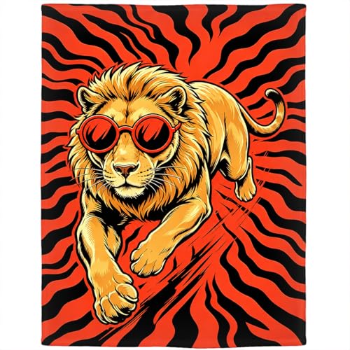 Running Lion Flannel Fleece Throw Blanket, Cool Animal Wearing Sunglasses, Soft Cozy Lightweight Decorative Blanket for Sofa Couch Bed Camping, Gifts for Men Women, 60" x 80" - color: Running Lion, size: 60" x 80"