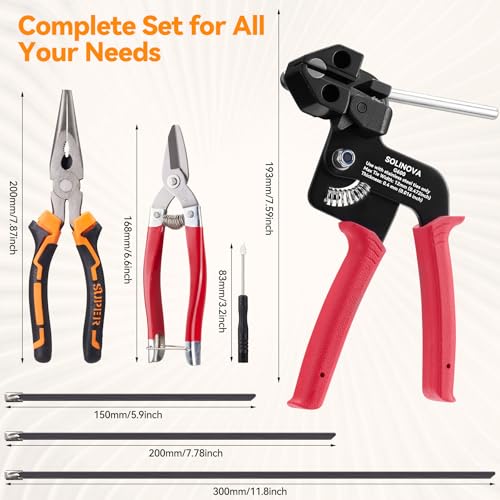 Heavy Steel Cable Tie Gun Tool Set, 2026 Upgraded Stainless Steel Cable Tie Gun with 200pcs Uv Resistant Black Metal Zip Ties Heavy Duty Outdoor Fastening & Cutting for Chain Link Fence, Exhaust Pipe - color: Red