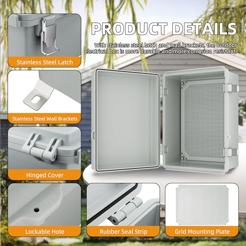 Joinfworld Outdoor WiFi Enclosure 15.7x11.8x7.1 Weatherproof Electrical Box Stainless Steel Latch Hinged Nema 4 Enclosure for Electonics Router Breaker | ABS Electrical Box with DIN Rail, Stainless Latches, Cable Glands for Outdoor WiFi, Circuit Breaker,S