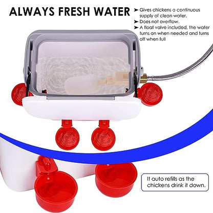 Automatic Chicken Waterer with Float Valve, Hose, and 4 Water Cups