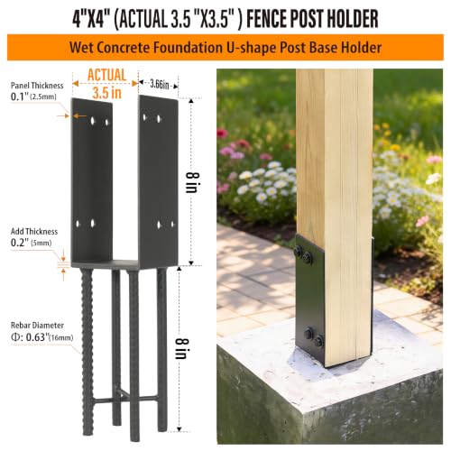 2 Pack Heavy Duty Stainless Steels U-Shape 4"x4"(Actual 3.5"x3.5") Wet Concrete Fence Post Holder, Psot Base, for Fence, Deck Railing, Pergola Wood Post Bracket Anchor (Dark Grey) - size: 4"x4"(Actual 3.5"x3.5")