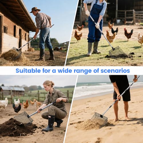 12 inch Large Chicken Poop Scooper Rake with Sifting Litter Shovel, Stainless Steel Handle (25 to 66"), Heavy-Duty Poultry Litter Scoop for Chicken Coop for Sand & Farm Pet Waste Cleaning