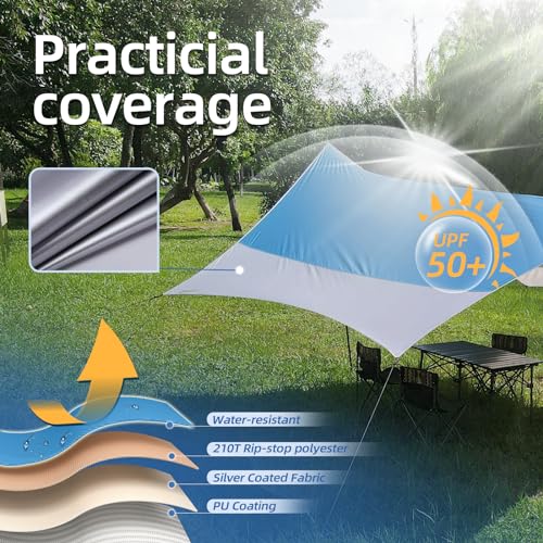 12X14FT Camping Tarp with 2 Poles, UV UPF50+ Lightweight Car Awning Sun Shelter, PU3000 Waterproof Tarp for Camping, Hiking and Backpacking Trips - color: Blue