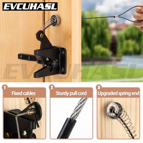 Self Locking Gate Latch with Spring Cable Pull, Heavy Duty Automatic Gravity Lever Gate Fence Door Latches for Wooden Fence/Vinyl Door/Outdoor Secure Pool/Garden, Black-1 Pack