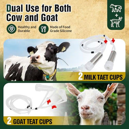 2-in-1 Upgrade 0.8Gal/3L Portable Plug in Milker, Milking Machine for Cows and Goats with Food-Grade Stainless Steel Bucket, 4 Teat Cups and Pulsation Vacuum System for Farm, Ranch and Home Dairy Use