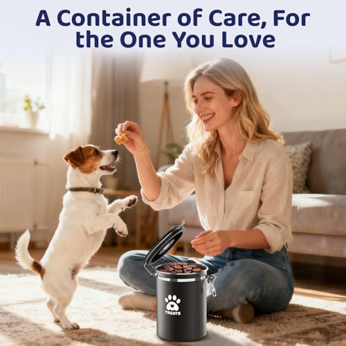 ENONCI Airtight Dog Treat Canister, 304 Stainless Steel Food Storage Jar with Date Dial Black-1.5L - color: Black, size: 1.5l