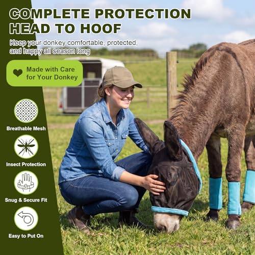 Mini Donkey Fly Mask with Ears and 4 Set Donkey Fly Boots Mule Leggings, Breathable Stretchy Mule Leg Wraps Mask Boots with Mesh Eye Covers from Insects and Bugs with Adjustable - color: Blue