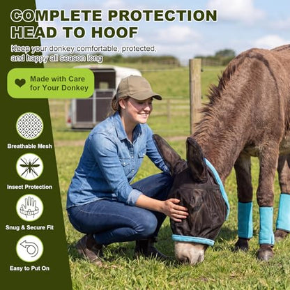 Mini Donkey Fly Mask with Ears and 4 Set Donkey Fly Boots Mule Leggings, Breathable Stretchy Mule Leg Wraps Mask Boots with Mesh Eye Covers from Insects and Bugs with Adjustable - color: Blue