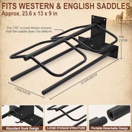 Wall Mounted Saddle Rack Set of 2, 120-lb Capacity Heavy Duty Iron Saddle Stand with Dual Blanket Bars and Tack Hook, Fits Western and English Saddles, for Barn, Stable, Trailer, Tack Room - size: 2Pcs