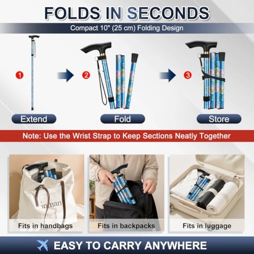 supregear Folding Cane, 5-Level Adjustable Height Walking Stick Lightweight Collapsible Portable Travel Cane with Wrist Strap and T Handle for Elderly Disabled Men Women - color: Blue Floral
