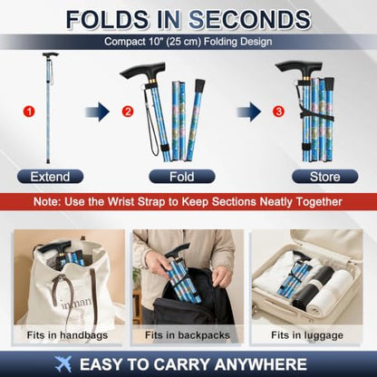 supregear Folding Cane, 5-Level Adjustable Height Walking Stick Lightweight Collapsible Portable Travel Cane with Wrist Strap and T Handle for Elderly Disabled Men Women - color: Blue Floral