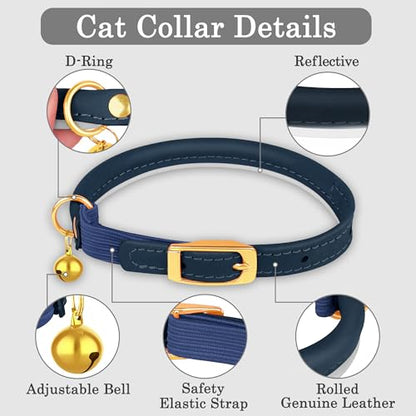 OOPSDOGGY Rolled Leather Cat Collar with Bell - Reflective Kitten Collar with Safety Elastic Strap - Adjustable Small Pet Collars for Boy Girl Cats (Blue) - color: Blue