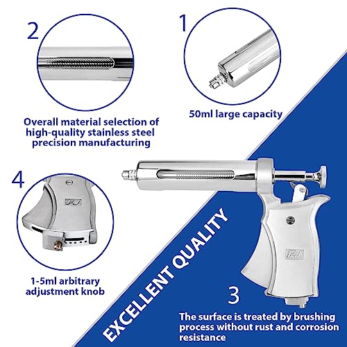 50ML Continuous Livestock Syringe, Adjustable Syringe For Horses, Sheep, Cattle, Pigs, Etc., Farm And Breeding Equipment, Large Capacity, Semi-Automatic, With 10 Stainless Steel Needles