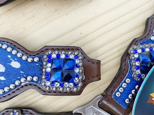 Western Leather Headstall & Breast Collar Set for Horses - Valentine’s Day Silver Metallic Cowhide with Rhinestones - color: Royal Blue