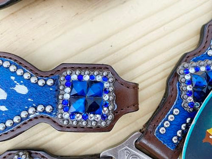 Western Leather Headstall & Breast Collar Set for Horses - Valentine’s Day Silver Metallic Cowhide with Rhinestones - color: Royal Blue