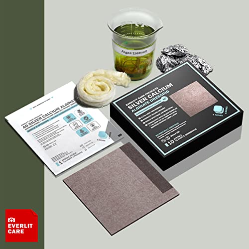 EVERLIT AG Silver Calcium Alginate Wound Dressing | Absorbent Non-Stick Sterile Dressing Pad | Gentle Hemostatic Gauze with Natural Gelling Fiber for Wound Care (4" x 4" | Pack of 10) - size: 4" x 4" | Pack of 10