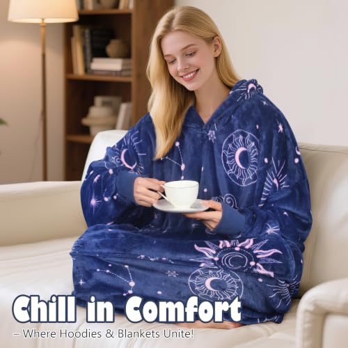 Catalonia Oversized Blanket Hoodie, Astrology Print Fleece Wearable Blanket - color: Astrology Navy