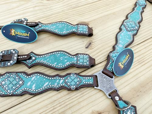 Western Leather Headstall & Breast Collar Set for Horses - Valentine’s Day Silver Metallic Cowhide with Rhinestones - color: Turquoise