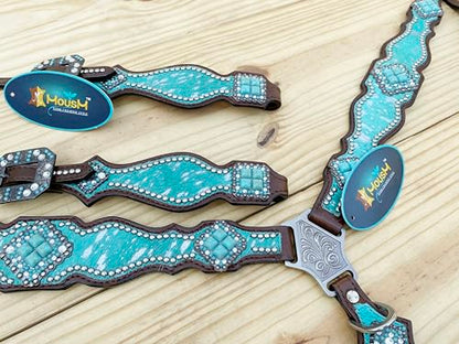 Western Leather Headstall & Breast Collar Set for Horses - Valentine’s Day Silver Metallic Cowhide with Rhinestones - color: Turquoise