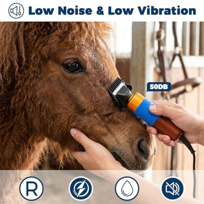 Horse Clippers 200W, Professional Animal Grooming Clippers with 2 Blades, 10ft Cord, Stepless Speed, Low-Noise Electric Clippers for Horses Sheep Goats Dogs