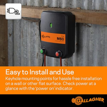 Gallagher M60 Electric Fence Charger | 110V Plug-in Energizer for Up to 20 Acres or 5 Miles | Low-Impedance Fencer for Livestock, Poultry, and Gardens | Compact & Reliable Power Source