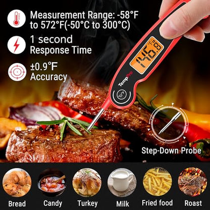TempPro TempSwift Instant Read Meat Thermometer for Cooking | Waterproof Digital Food Thermometer with Large Backlit LCD, Kitchen Thermometer for Grilling, Smoking & Candy Making - color: Red