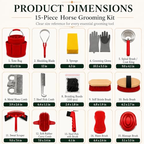 Horse Grooming Kit, 15-Piece Horse Brush Set with Red Tote Bag, Long Shedding Blade, Hoof Pick, Curry Comb, Sweat Scraper, Mane and Tail Comb, Gloves, Equine Grooming Supplies - color: Red