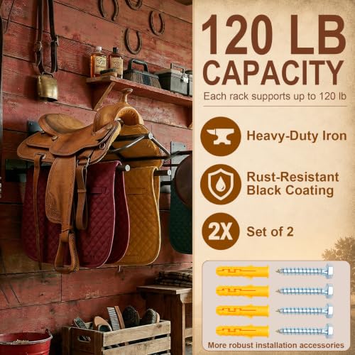 Wall Mounted Saddle Rack Set of 2, 120-lb Capacity Heavy Duty Iron Saddle Stand with Dual Blanket Bars and Tack Hook, Fits Western and English Saddles, for Barn, Stable, Trailer, Tack Room - size: 2Pcs