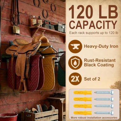 Wall Mounted Saddle Rack Set of 2, 120-lb Capacity Heavy Duty Iron Saddle Stand with Dual Blanket Bars and Tack Hook, Fits Western and English Saddles, for Barn, Stable, Trailer, Tack Room - size: 2Pcs