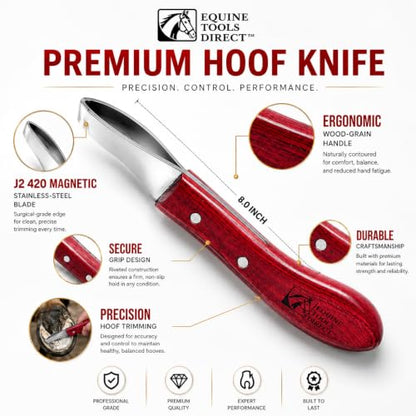 Farrier Loop Hoof Knife, Right-Hand, J2 420 Magnetic Stainless Steel Blade, Ergonomic Red Handle, Horse Hoof Trimming Tool for Sole & Frog Paring