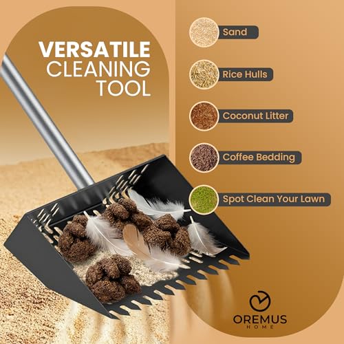 Chicken Poop Scooper & Rake 2-in-1,Metal Coop Shovel 10 inches Sand Sifting Shovel, Chicken Coop Scooper, Adjustable Stainless Steel Handle (35" to 62"), Cleaning Tools for Chicken Coops