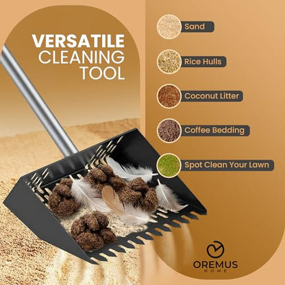 Chicken Poop Scooper & Rake 2-in-1,Metal Coop Shovel 10 inches Sand Sifting Shovel, Chicken Coop Scooper, Adjustable Stainless Steel Handle (35" to 62"), Cleaning Tools for Chicken Coops