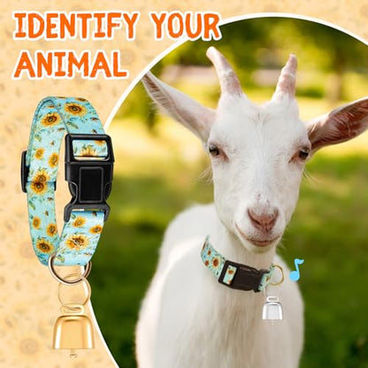 Talltalk 2 Pack Goat Collars with Bells Grazing Copper Bell and Adjustable Nylon Collar Set Loud Bronze Bell for Farm Sheep Cow Sheep Dog Accessories Goat Owner Gift(Sunflower)