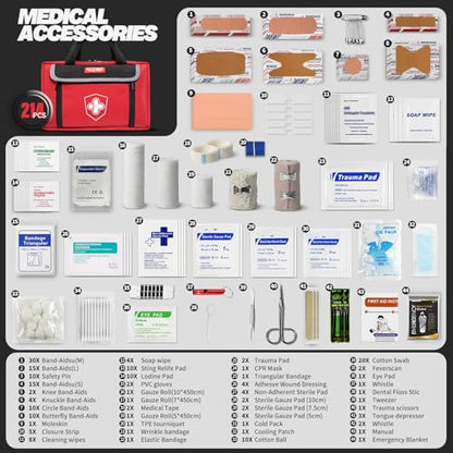First Aid Kit - Waterproof Compact Small Emergency Medical Trauma Kit for Home, Travel, Camping, Hiking, Vehicle, Workplace Gift for Doctors, Parents, Travelers, Climbers (218 Piece Red) - size: 218 PCS