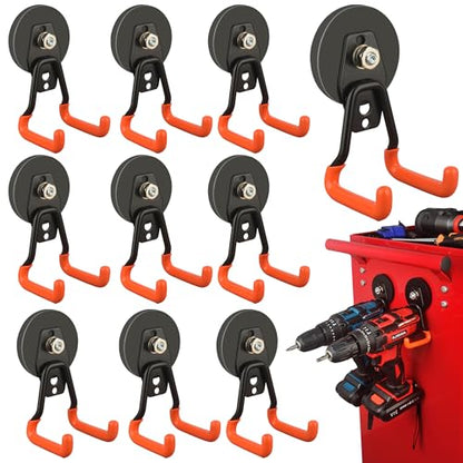 ULIBERMAGNET New Upgraded Heavy Duty Magnetic Garage Hooks,10 Pack Strong Large Magnet Hooks for Power Drill,Garden Tools,Hose,Pegboard,Garage, Workshop,Magnetic Storage Hook for Hanging(Orange) - style: V1 Pro 2.59" Strong Medium L Orange 10PC